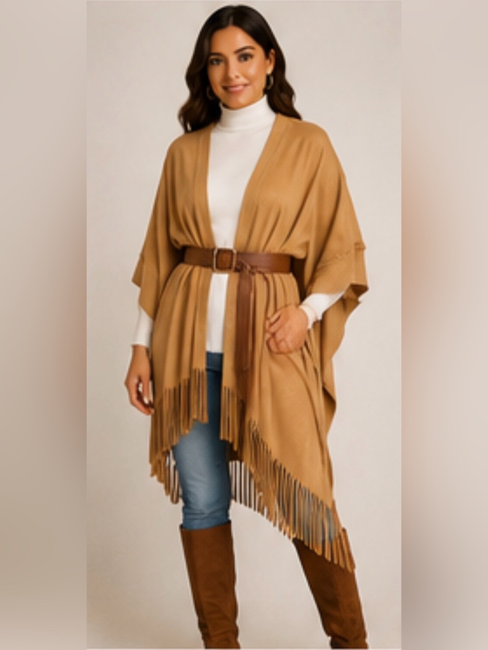 NWOT Tashon Camel Faux Suede Fringe‎ Ruana Wrap Boho Western One Size